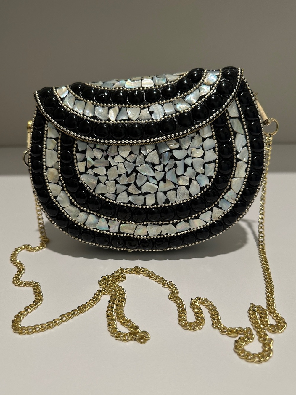 Ramla NWOT Handmade mosaic Crossbody/Clutch. Mother of Pearl inlay.
